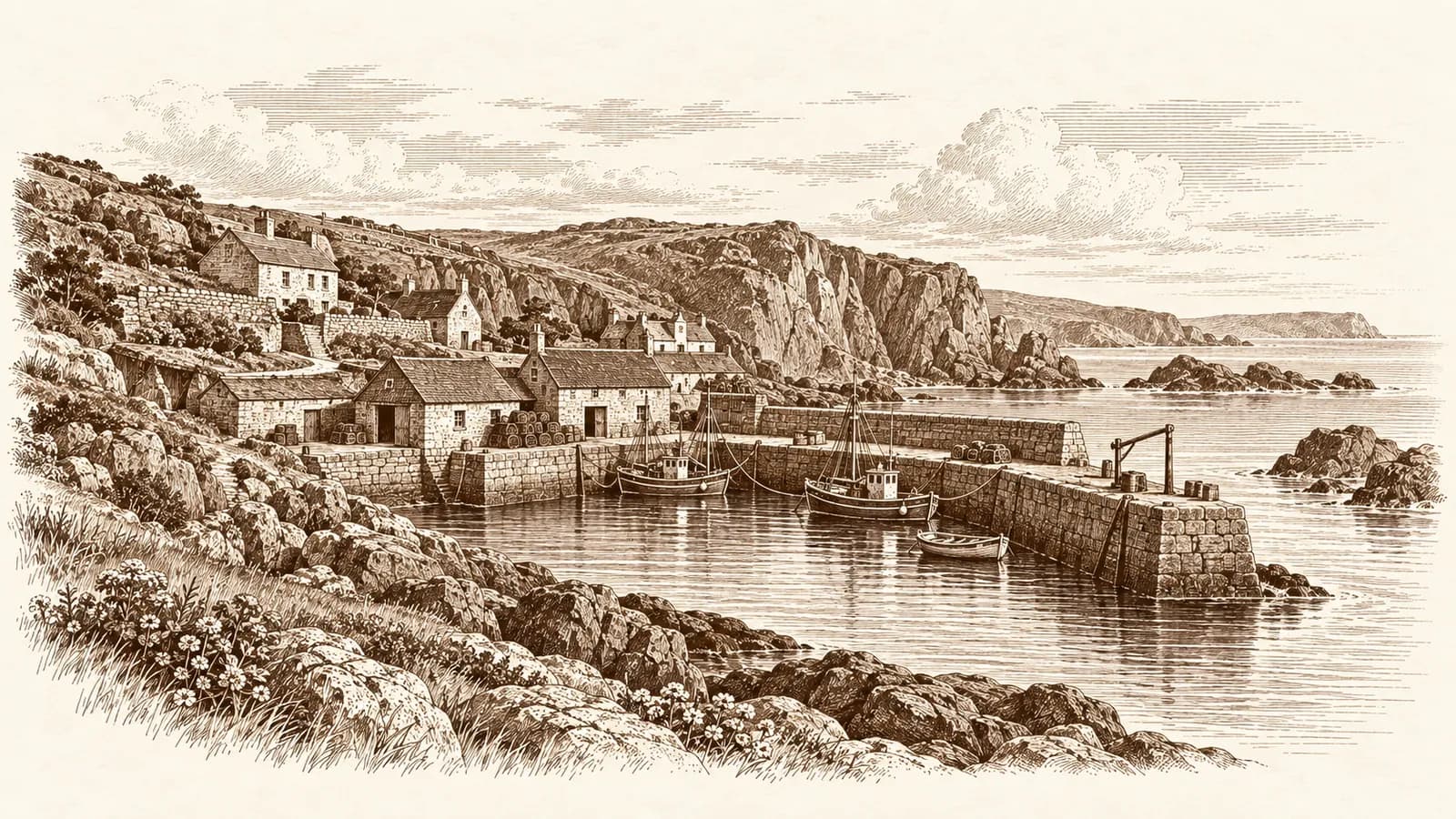 Etching of Cornish cliffs and a small stone harbour
