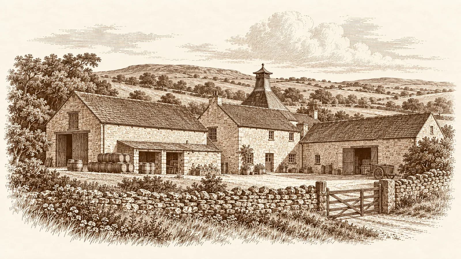 Etching of honey-stone barns among Cotswold fields