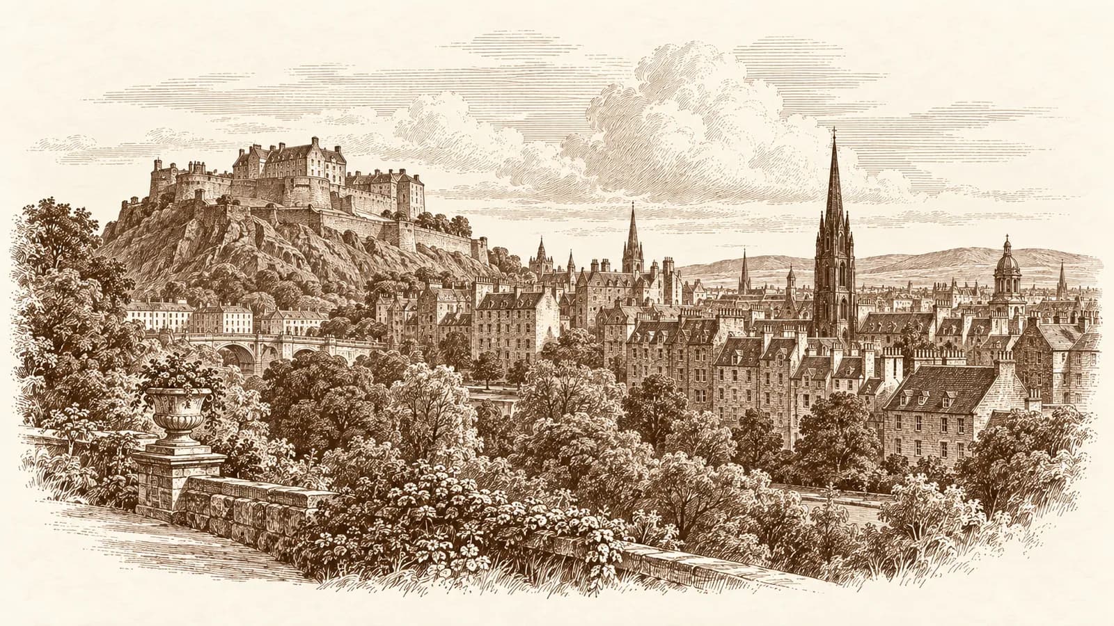 Etching of Edinburgh's Old Town skyline and castle