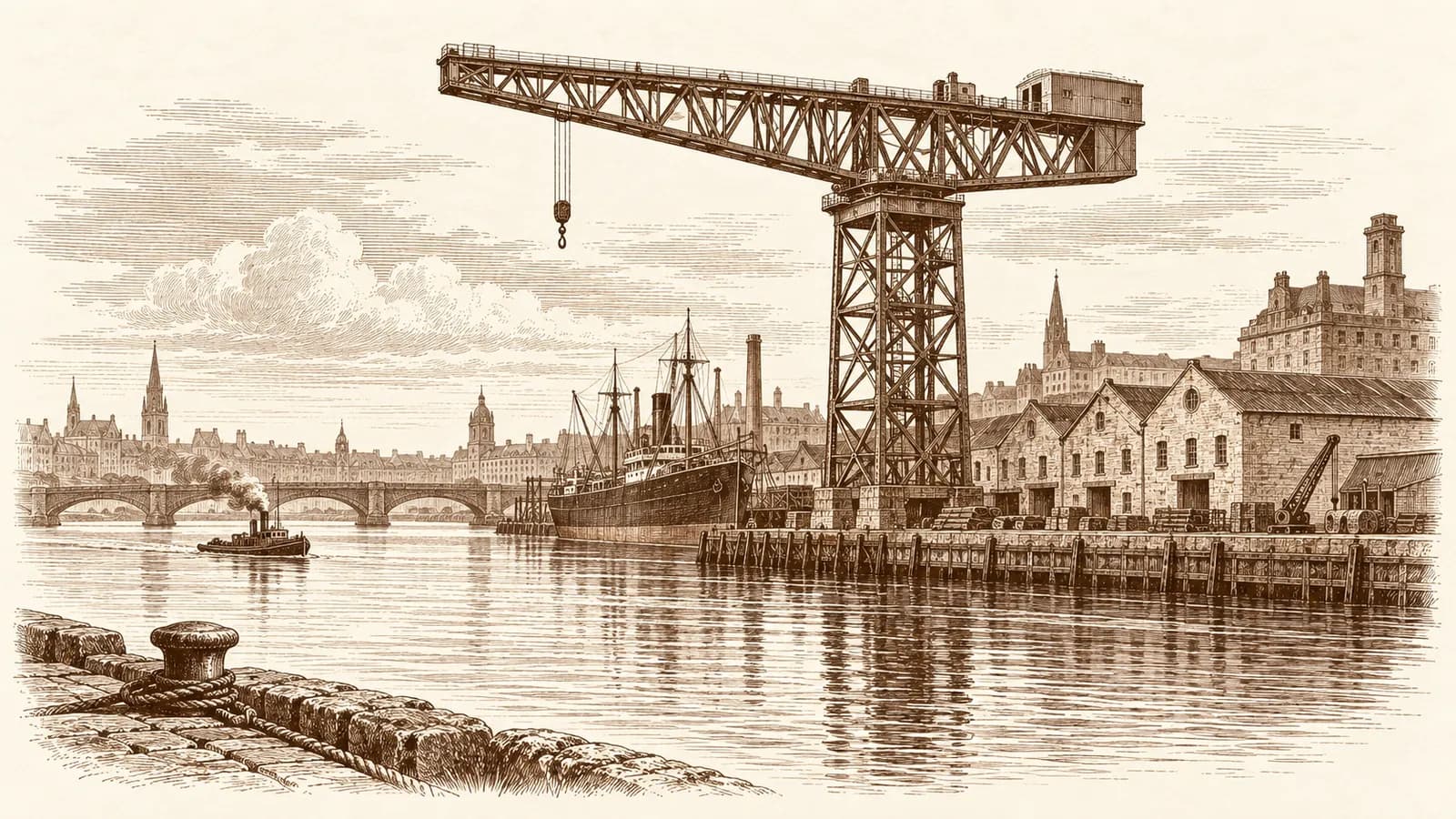 Etching of the River Clyde with a shipyard crane