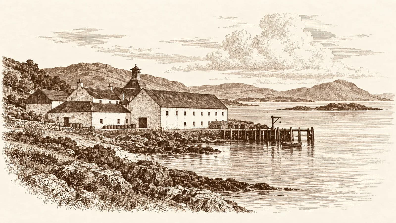 Etching of an island shore with a whitewashed warehouse and pier
