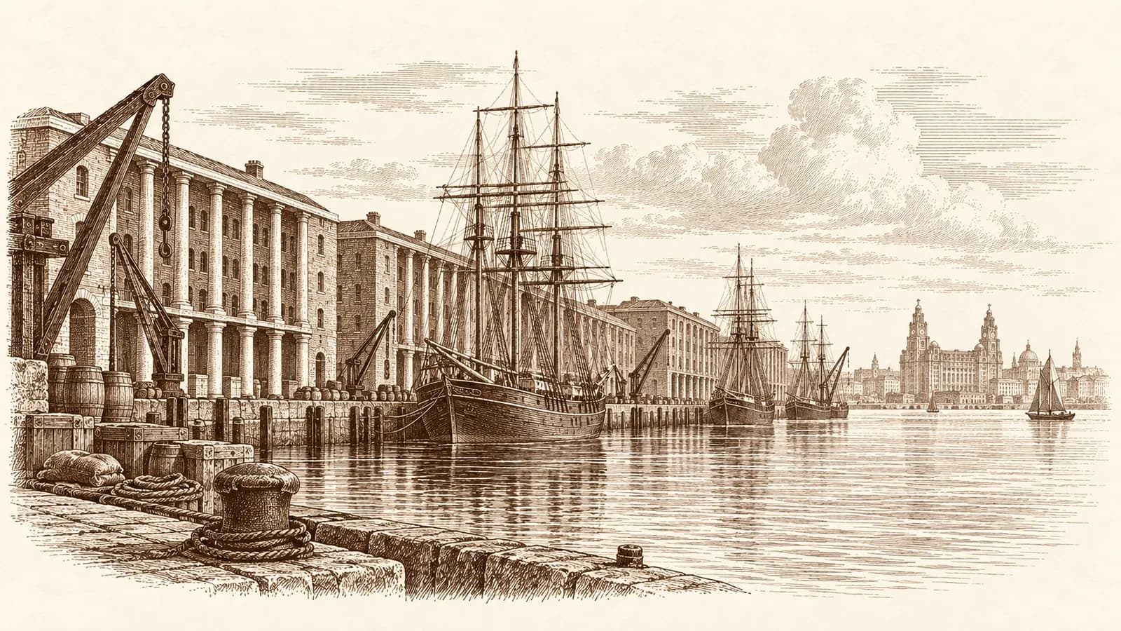Etching of Mersey dock warehouses