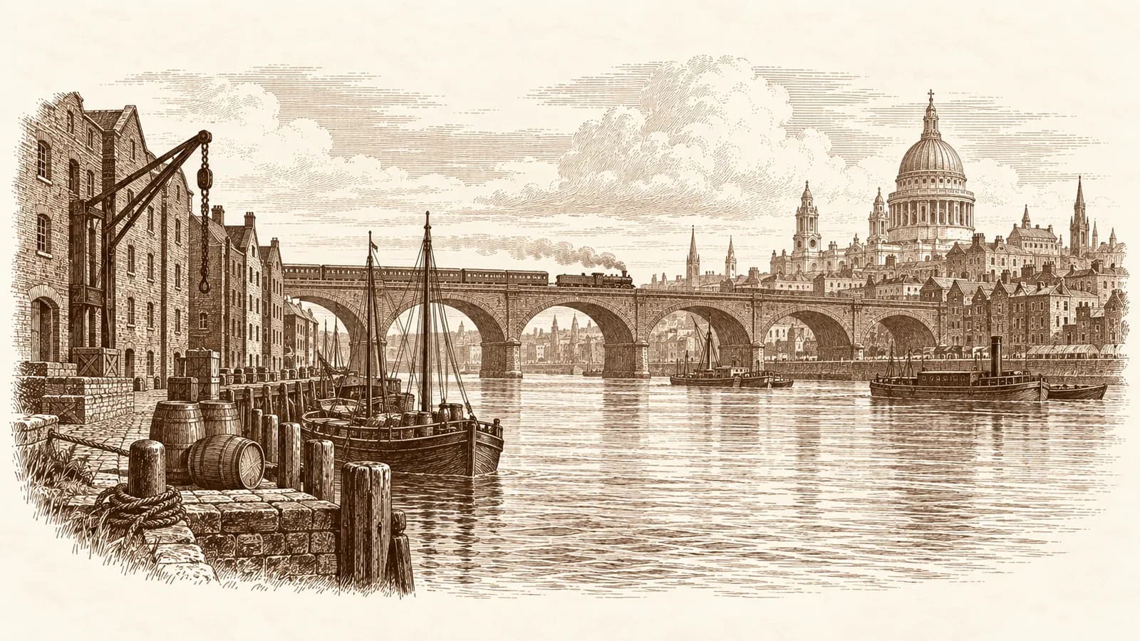 Etching of Thames-side warehouses and a railway viaduct