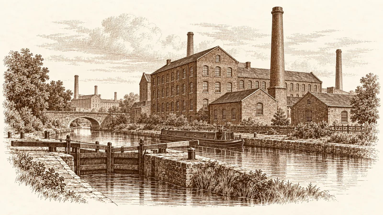 Etching of red-brick mills beside a Manchester canal