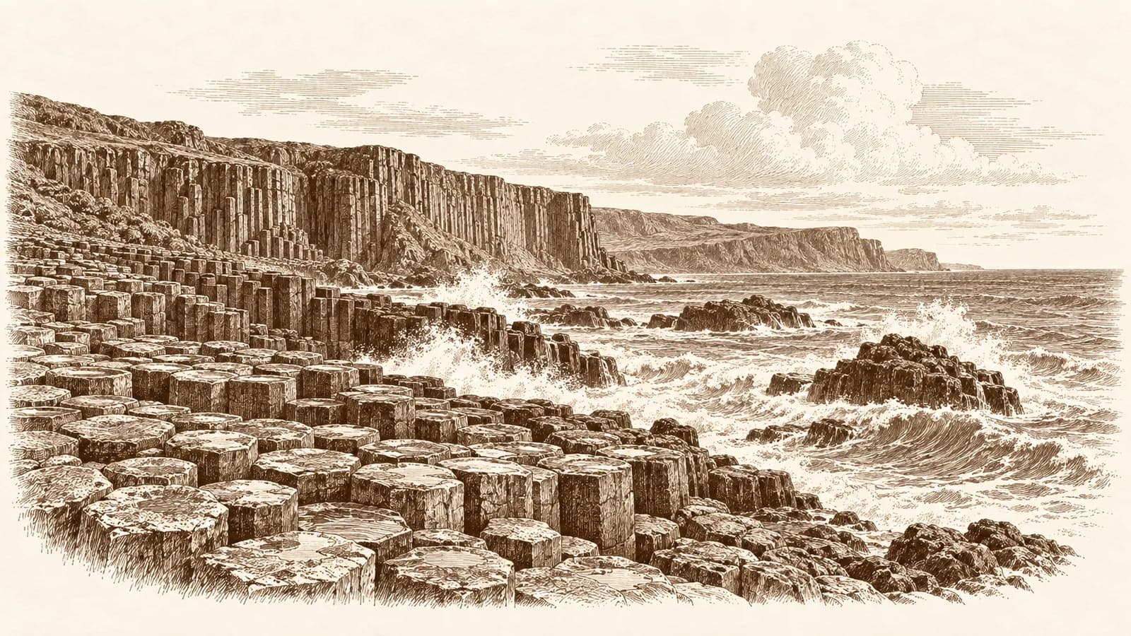 Etching of basalt columns on the Antrim coast