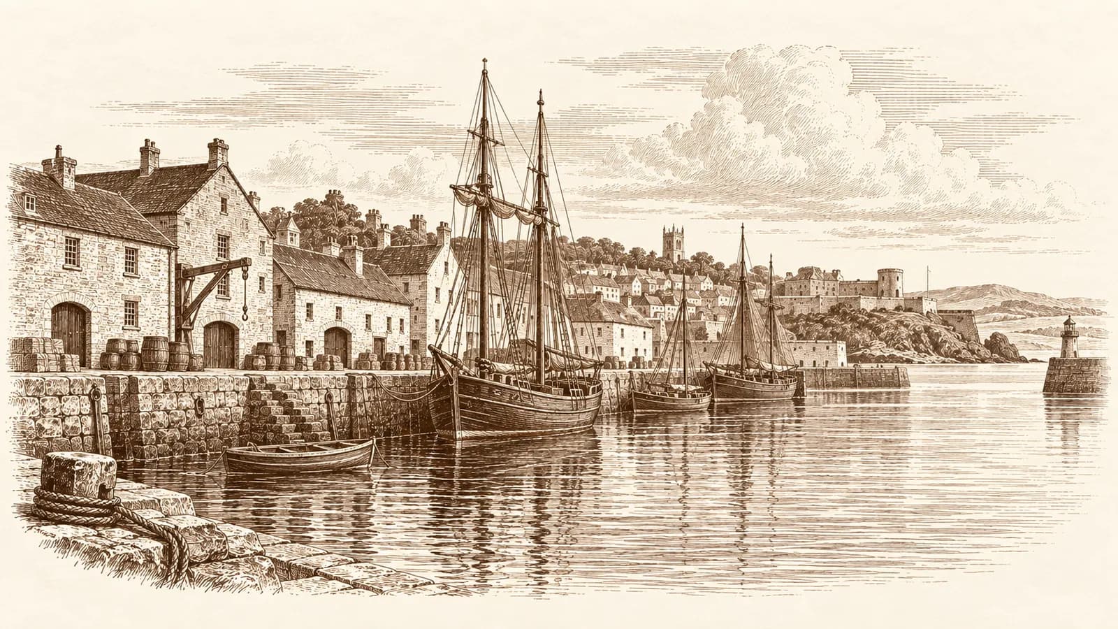 Etching of an old harbour quayside with sailing boats