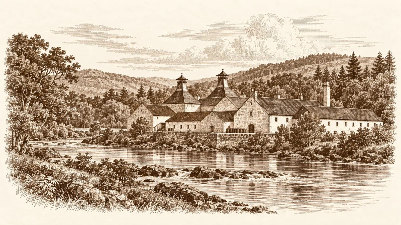 Etching of a Speyside river valley with a pagoda-roofed distillery