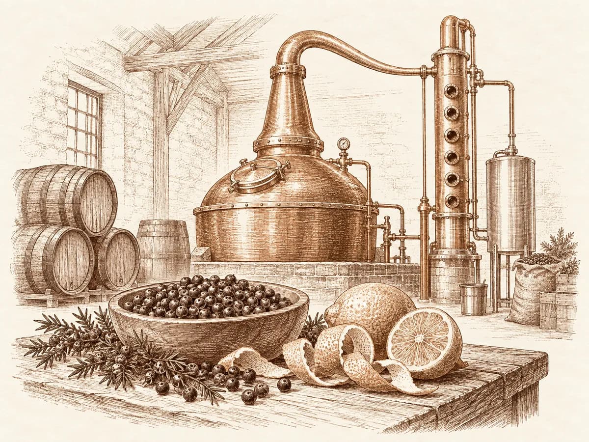 Etching of a copper pot still, casks and gin botanicals