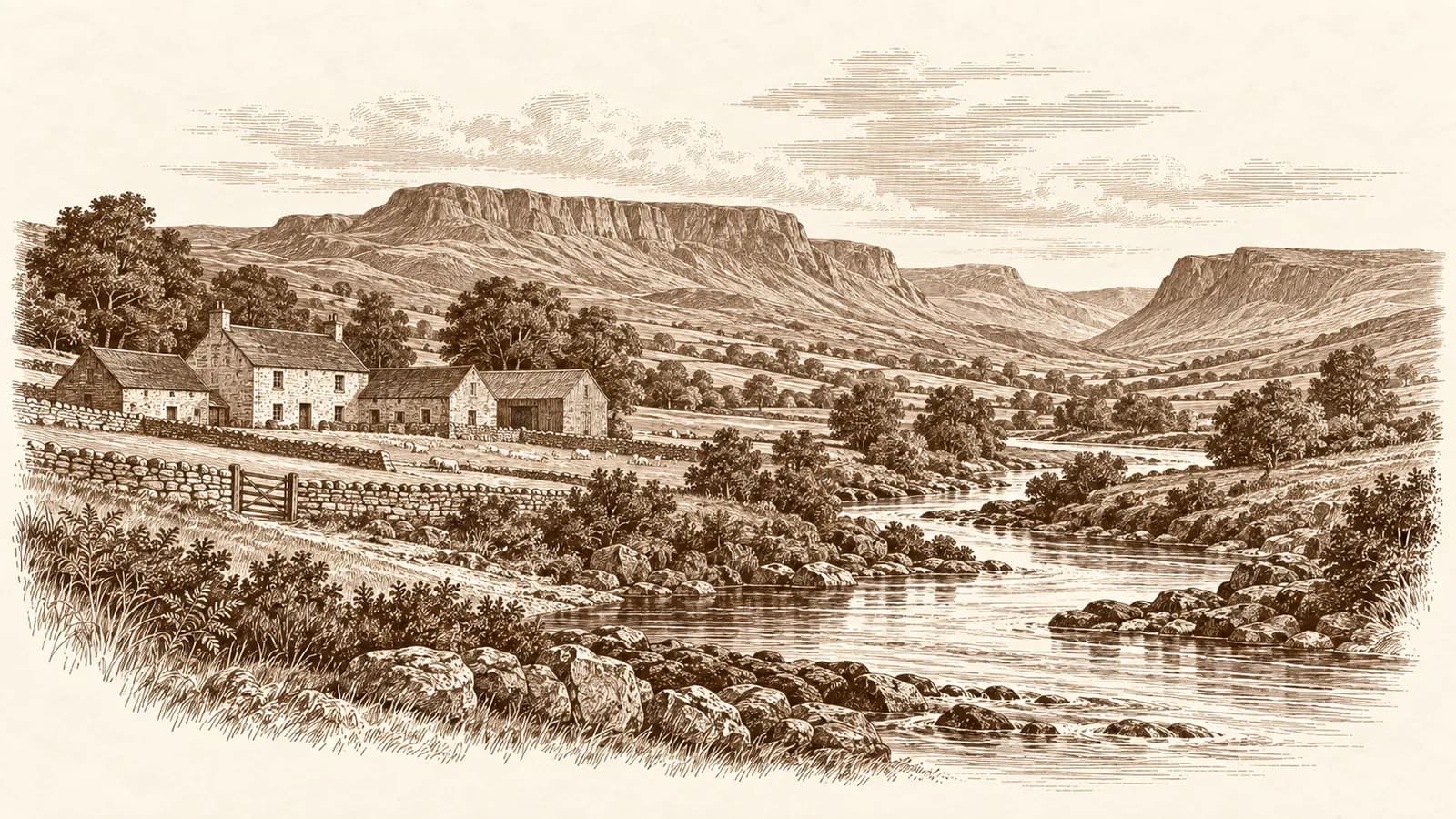 Etching of a Welsh valley with flat-topped mountains