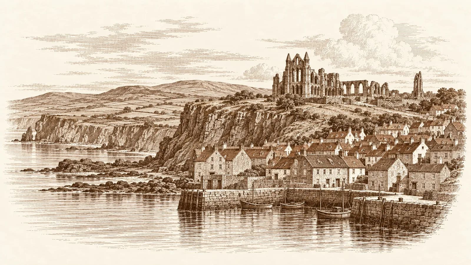 Etching of a Yorkshire harbour town below a ruined abbey